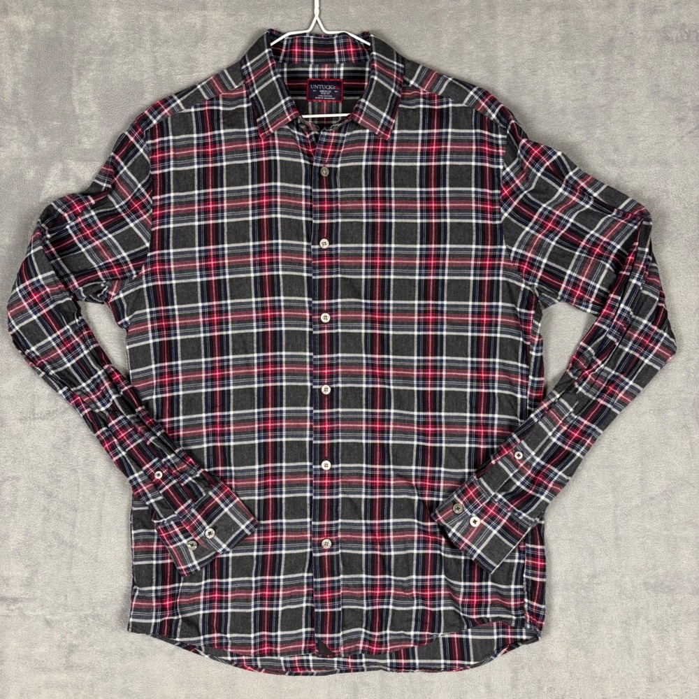 UNTUCKit Holmberg Slim Fit Plaid Flannel Shirt Mens Medium Grey Red UT-14-35910